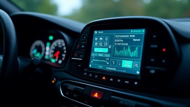 Dispositivo de diagnóstico automotriz conectado a un coche, mostrando datos en pantalla.