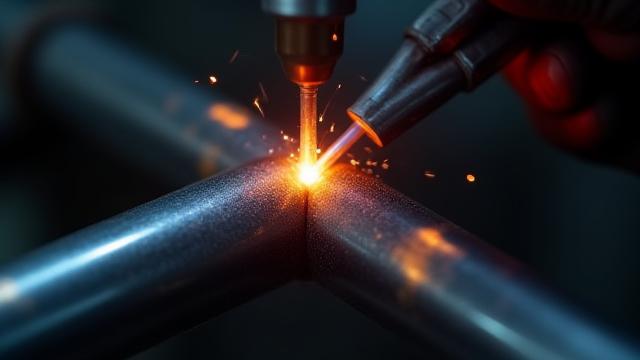 Tubería de escape de acero inoxidable siendo soldada con TIG con precisión.