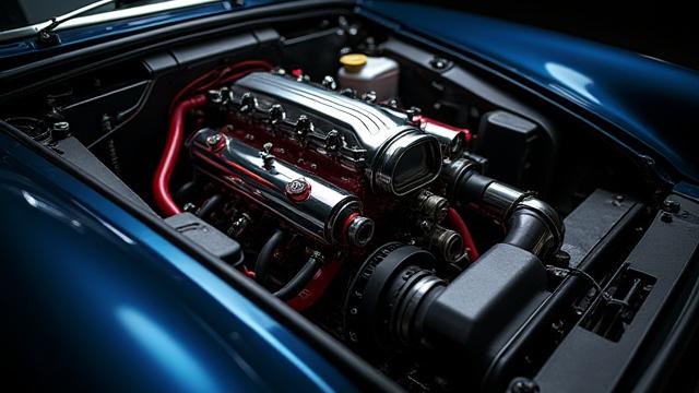 Motor de coche con un turbocompresor de gran tamaño instalado.